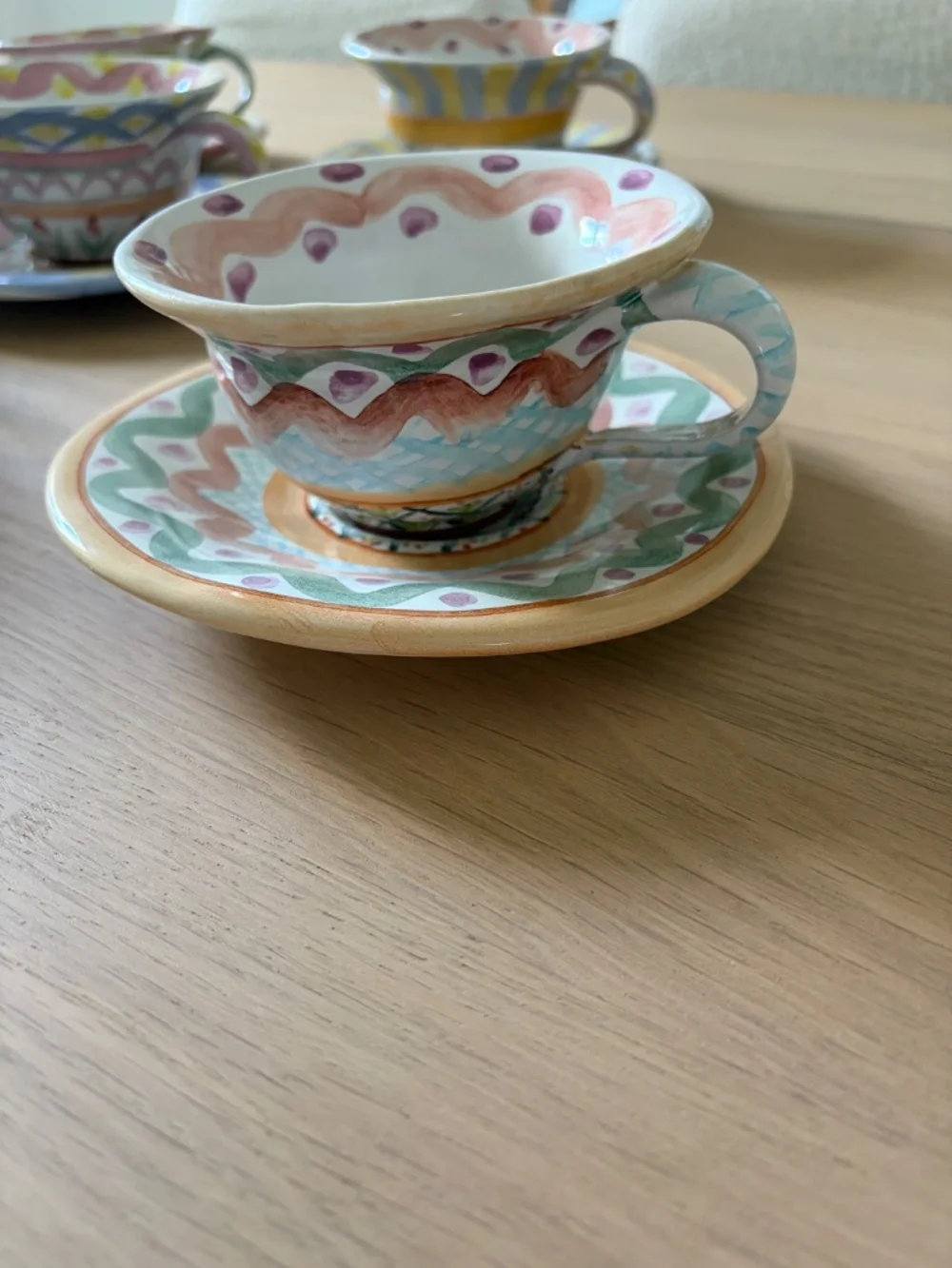 Mackenzie Childs Vintage Coffee Cup, Saucer, Creamer and Sugar Jar Set